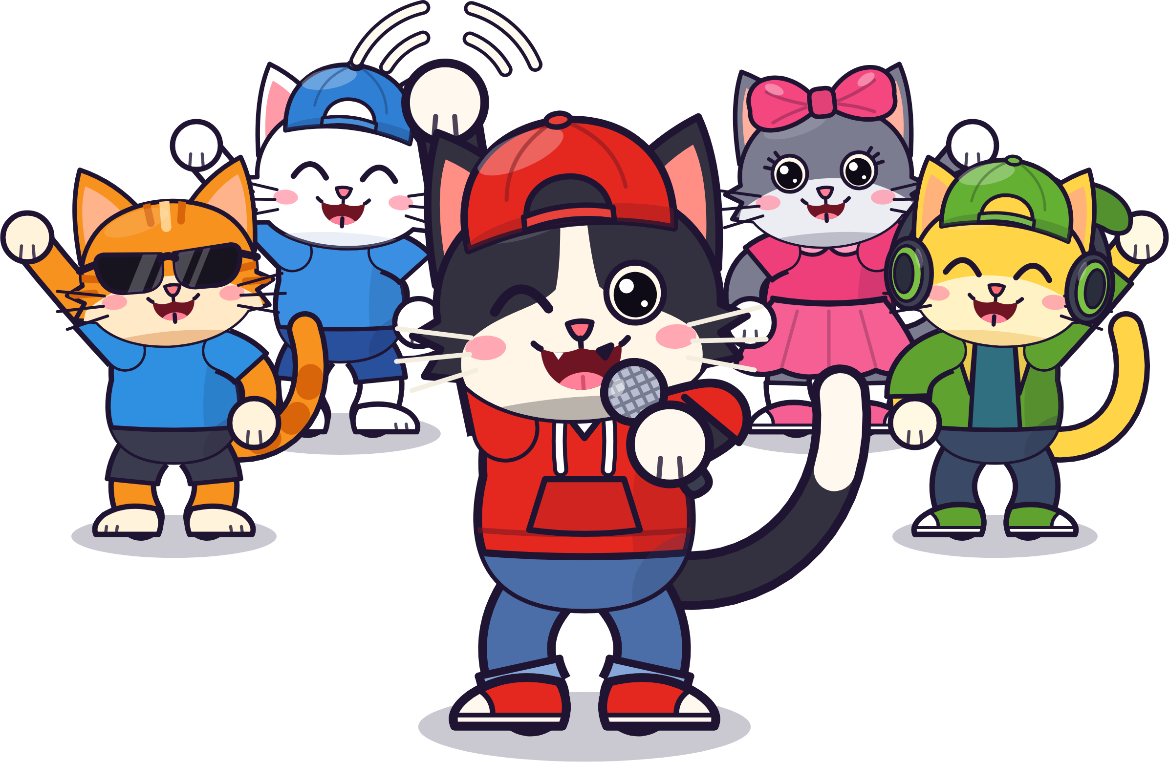 Os cinco gatos da Gataiada acenando: Tinho na frente com o microfone, Zeca, Mingau, Lili e Pingo atrás